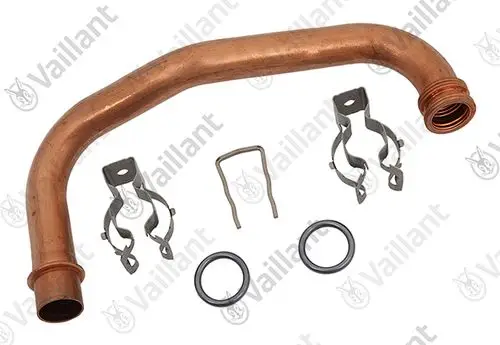 Kupferrohr von Vaillant mit zwei Befestigungsclips, einem Sicherungsbügel und zwei O-Ringen, geeignet für den PWT-Rücklauf in Heizsystemen.